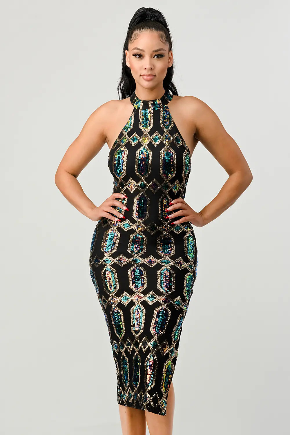 Diamond Pattern Sequins Halter Midi Dress