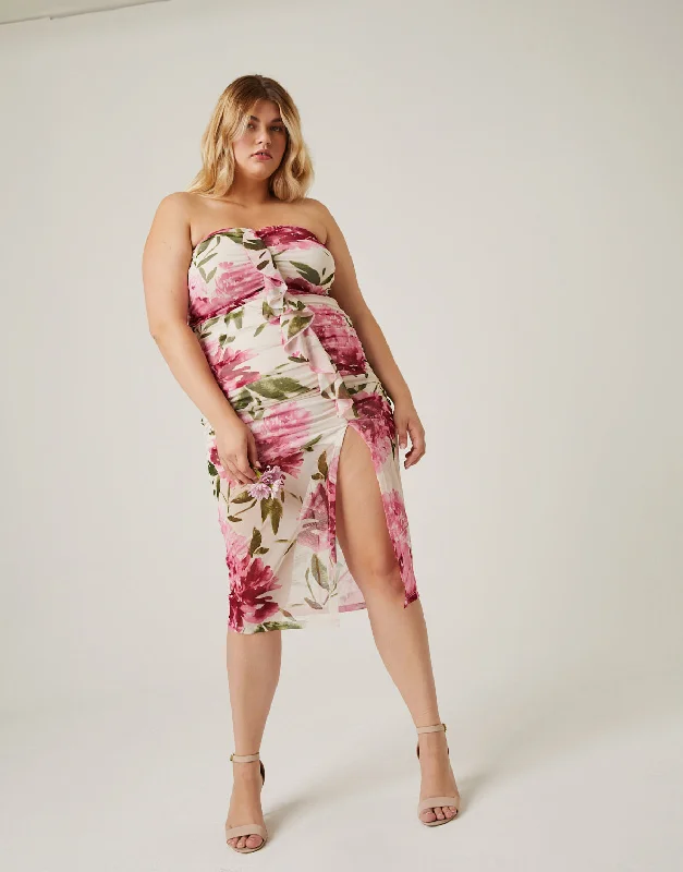 Plus Size Ruffled Mesh Floral Dress