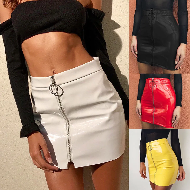 US Women Sexy High Waist Circle Zipper Shiny PU Leather Mini Short Pencil Skirt