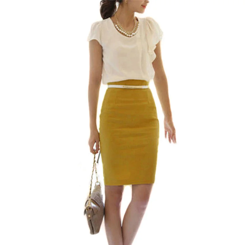 Women Career Solid High Waist Slim Fit Knee Length Straight Pencil Skirt